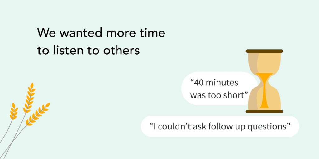 Snippet of an infographic reading "We wanted more time to listen to others". Two smaller speech bubbles read "40 minutes was too short" and "I couldn't ask follow up questions"